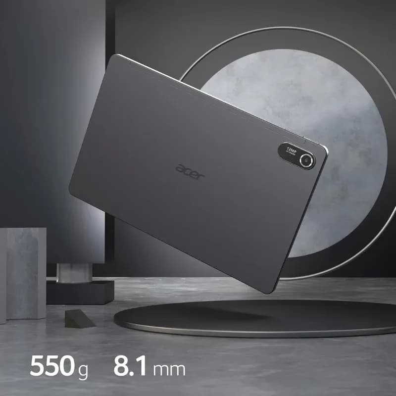 Image illustrative avec vue arrière de la tablette Iconia Tab P11 en couleur grise avec informations sur le poids et l'épaisseur