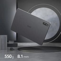 Image illustrative avec vue arrière de la tablette Iconia Tab P11 en couleur grise avec informations sur le poids et l'épaisseur
