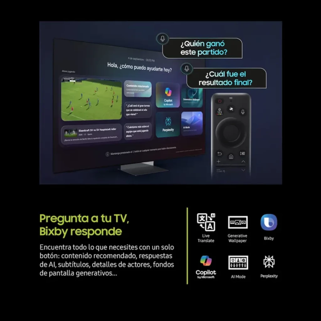 Samsung TQ75Q7F4AU 75 polegadas, ecrã QLED 4K com moldura fina preta, pés discretos e ícones destacando Vision AI, HDR10+ e atualização de software - Item2