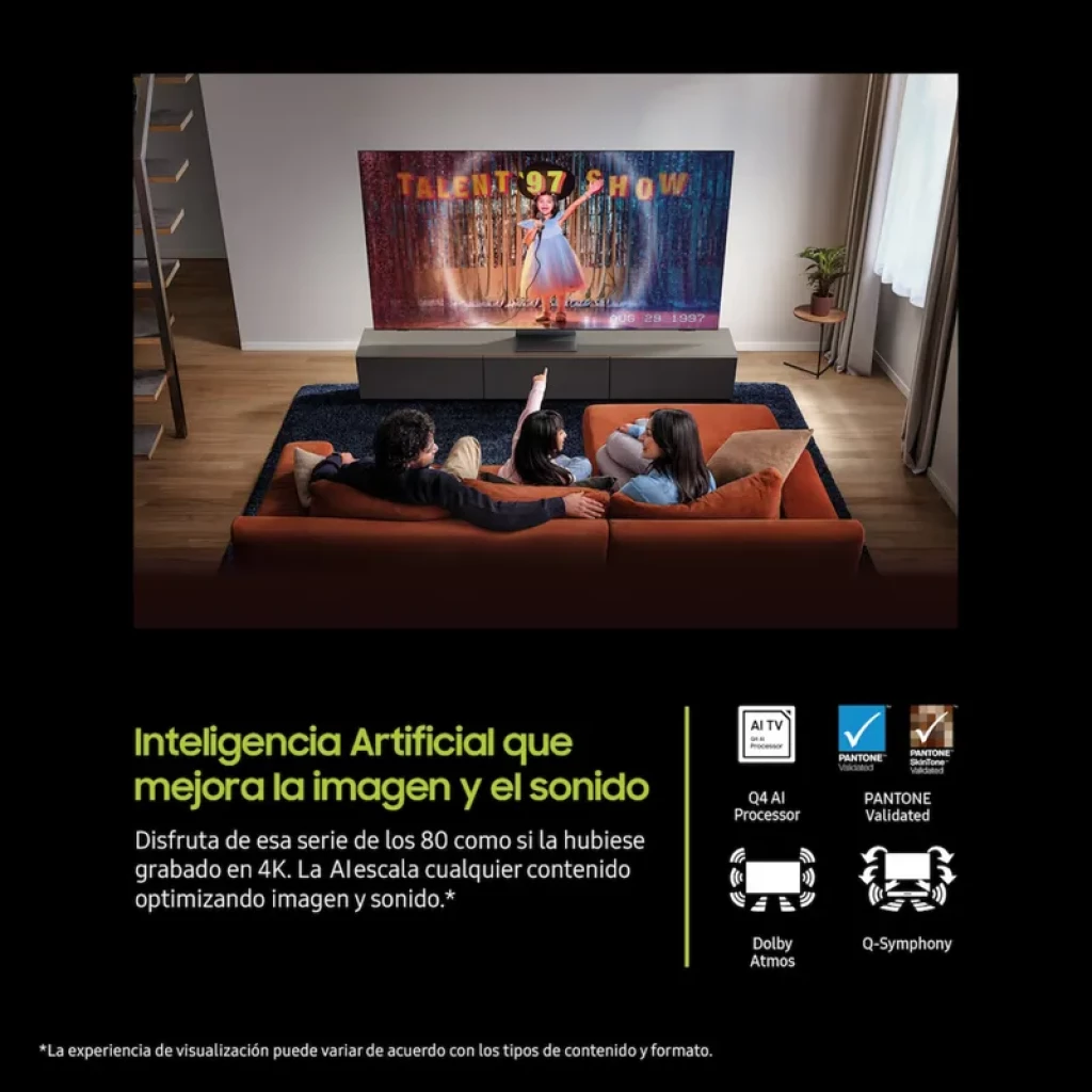 Samsung TQ75Q7F4AU 75 polegadas, ecrã QLED 4K com moldura fina preta, pés discretos e ícones destacando Vision AI, HDR10+ e atualização de software - Item4