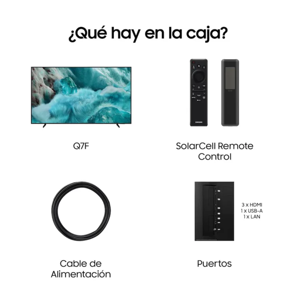 Samsung TQ75Q7F4AU 75 polegadas, ecrã QLED 4K com moldura fina preta, pés discretos e ícones destacando Vision AI, HDR10+ e atualização de software - Item6