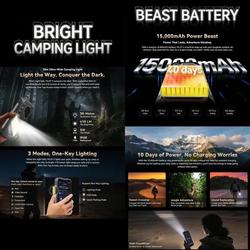 Image promotionnelle de l'Oscal Pilot 5 avec fonction lampe de camping et capacité de la batterie