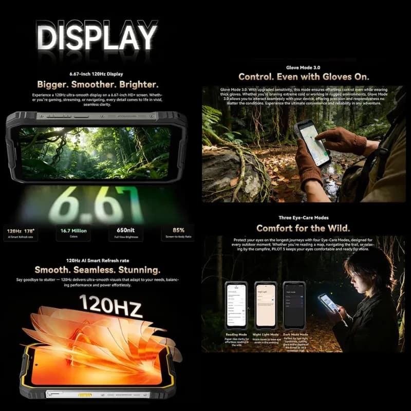 Image promotionnelle présentant les caractéristiques de l'écran de l'Oscal Pilot 5, le mode gants et les modes de confort visuel