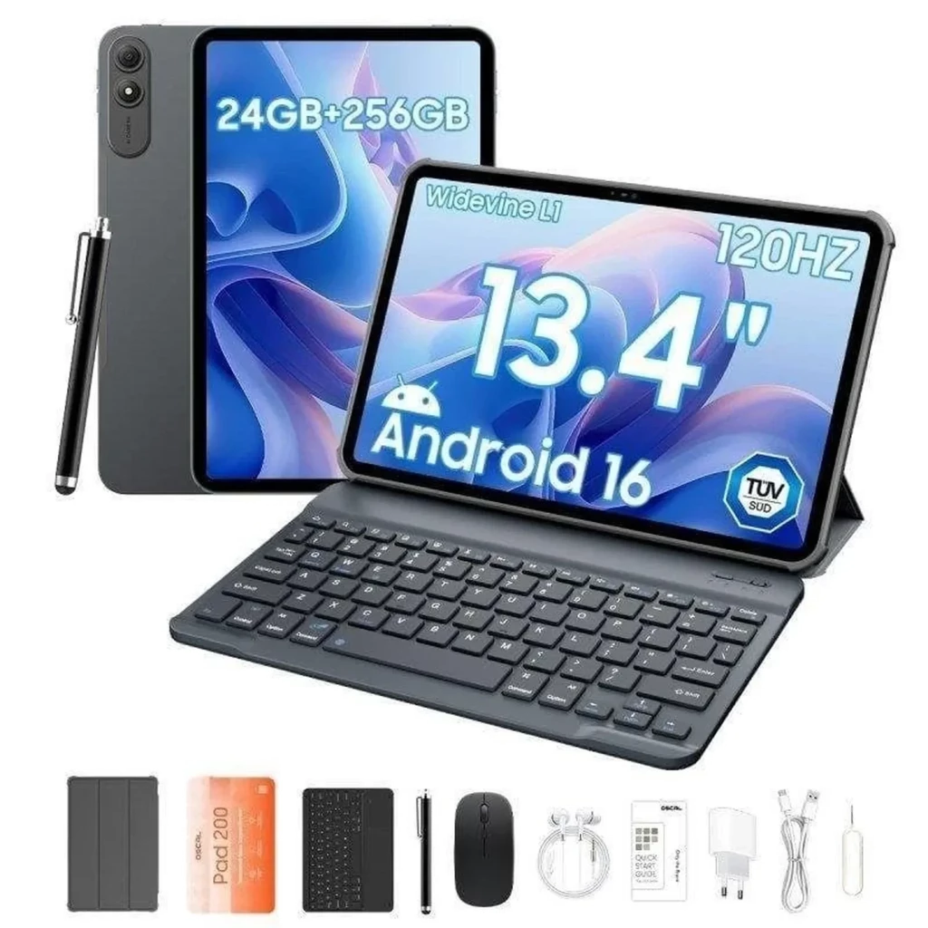 Blackview Oscal Pad 200 cinza com tela ampla bordas finas, câmera traseira dupla 16 MP em módulo elevado e acabamento metálico elegante - Item