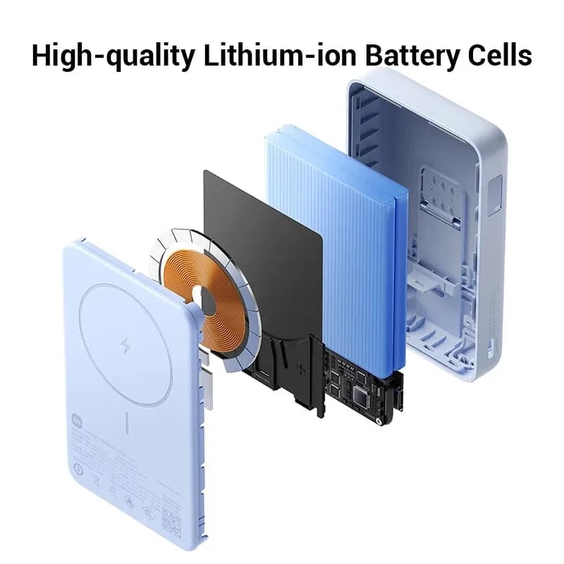 Xiaomi Magnetic Power Bank 10000 33W Violeta con soporte: vista en explosión muestra carcasa, bobina magnética, batería de iones de litio y placa interna