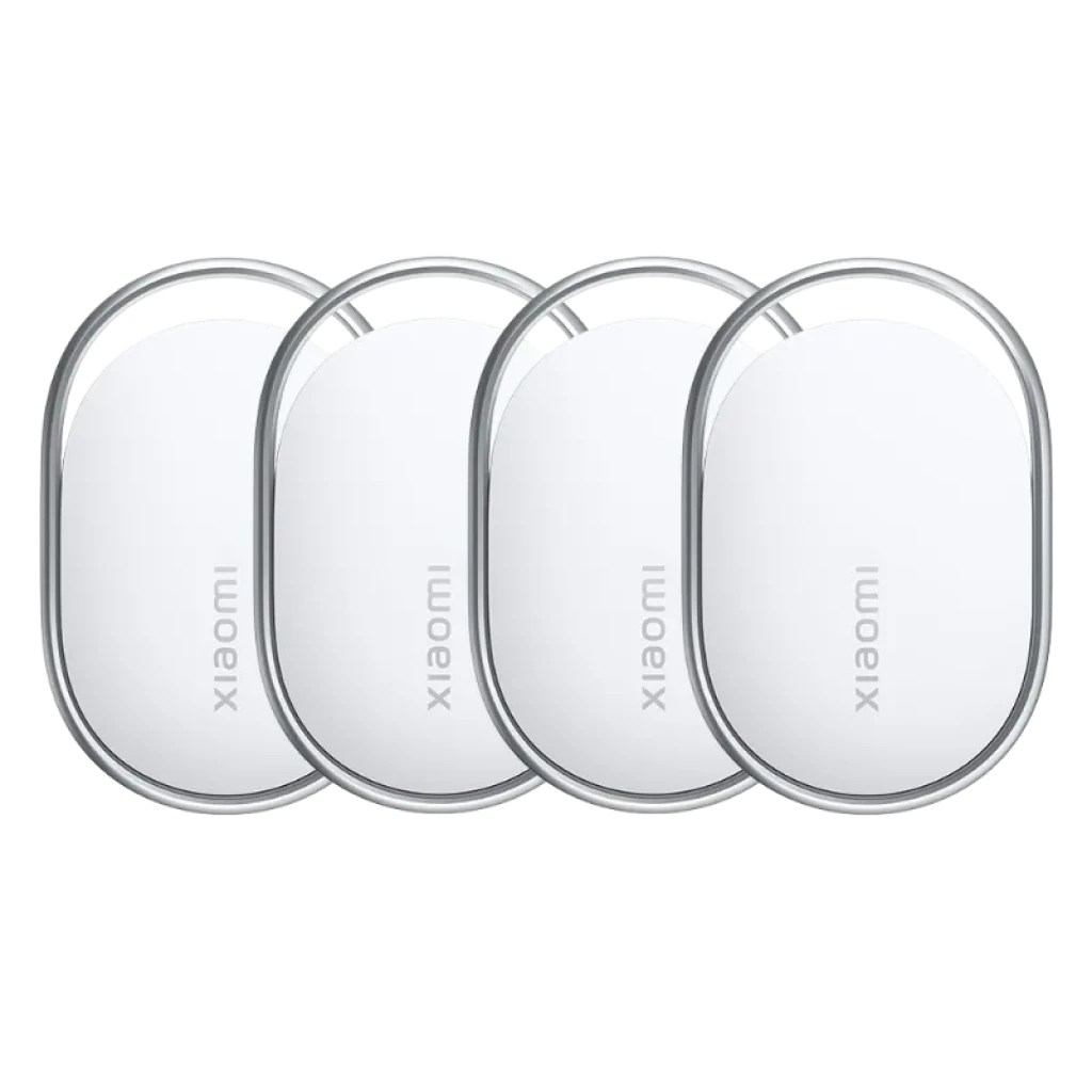 Pack de 4 tags blancos ovalados Xiaomi con borde metálico, diseño minimalista y compacto - Ítem