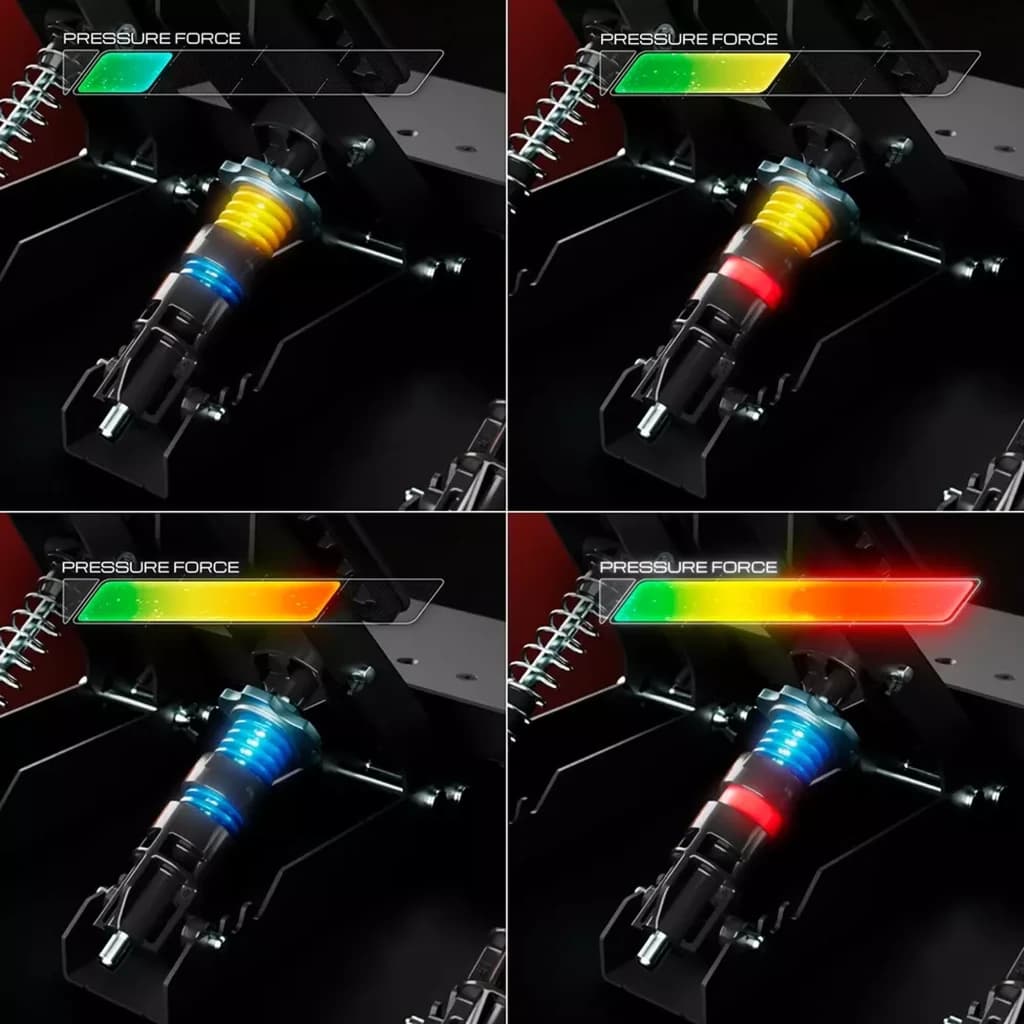 Thrustmaster RACE PEDALS III LC muestra resortes de colores ajustables con indicador de fuerza de presión, diseño metálico robusto y mecanismo modular de 3
