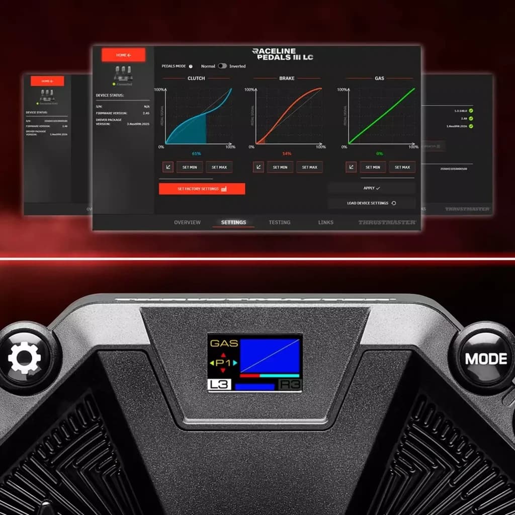 Pantalla LCD a color en pedalera Thrustmaster RACE PEDALS III LC con iconos de gas, freno y embrague, botones GAS y MODE y ajustes de curvas en software