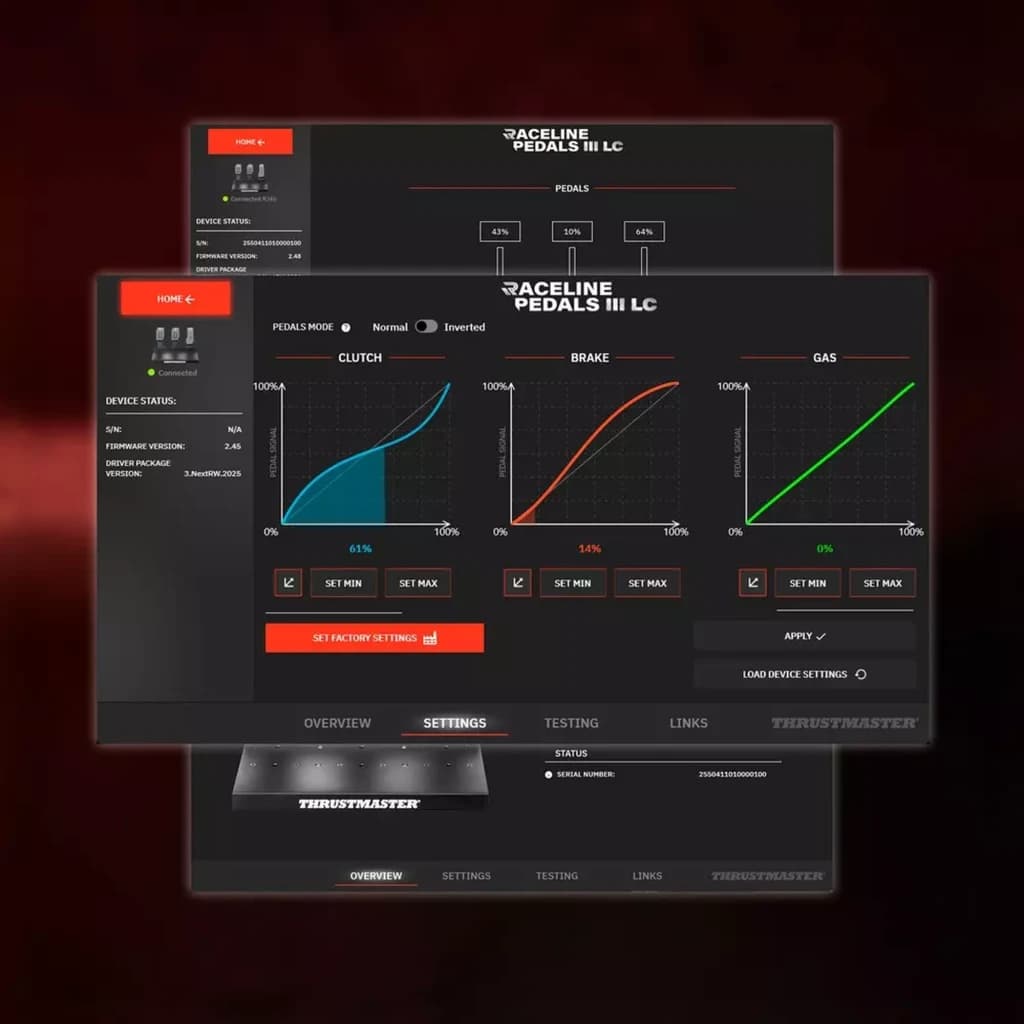 Interfaz de calibración para Thrustmaster RACE PEDALS III LC con gráficos de curva de embrague, freno y acelerador y ajustes de sensibilidad y recorrido