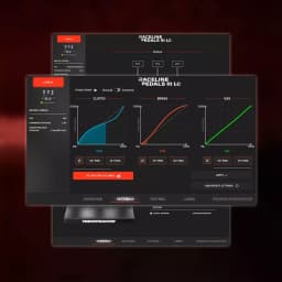 Interfaz de calibración para Thrustmaster RACE PEDALS III LC con gráficos de curva de embrague, freno y acelerador y ajustes de sensibilidad y recorrido