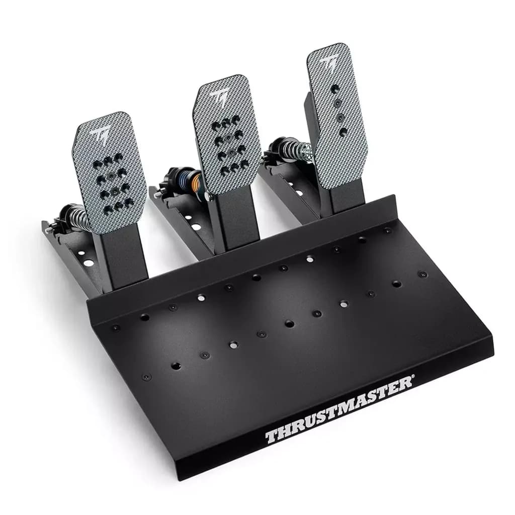 Thrustmaster RACE PEDALS III LC con 3 pedales metálicos ajustables, base perforada robusta y muelles visibles, diseño racing para simulación avanzada