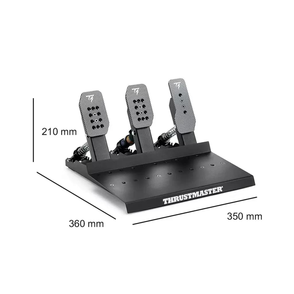 Thrustmaster RACE PEDALS III LC con 3 pedales metálicos modulables, resortes visibles y base robusta. Medidas: 210 mm alto, 360 mm fondo, 350 mm ancho.