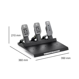 Thrustmaster RACE PEDALS III LC con 3 pedales metálicos modulables, resortes visibles y base robusta. Medidas: 210 mm alto, 360 mm fondo, 350 mm ancho.