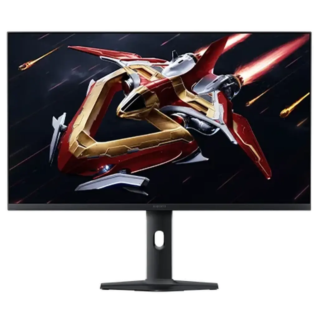 Monitor Xiaomi Gaming G Pro 27Qi 27 pol com tela sem bordas, base ajustável, Mini LED, QHD e 180 Hz exibindo nave espacial em cores vibrantes