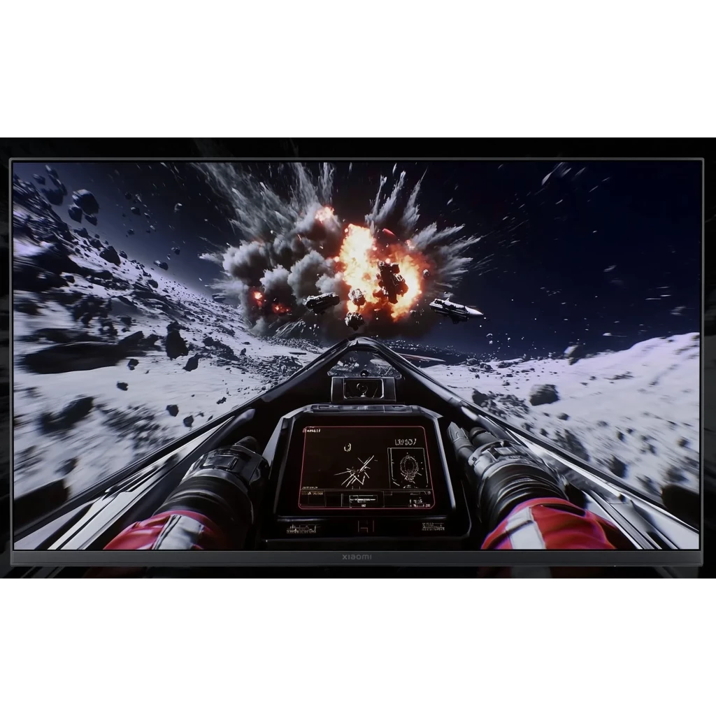 Monitor Xiaomi Gaming G Pro 27Qi 27 pol com tela sem bordas, base ajustável, Mini LED, QHD e 180 Hz exibindo nave espacial em cores vibrantes - Item4