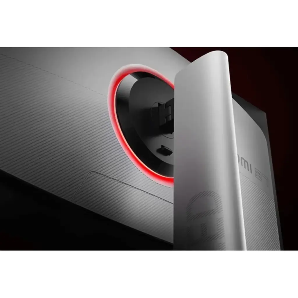 Xiaomi Gaming G Pro 27Qi 27 pol Mini LED QHD 180 Hz com anel traseiro RGB vermelho, suporte robusto e textura listrada para visual imersivo e gamer