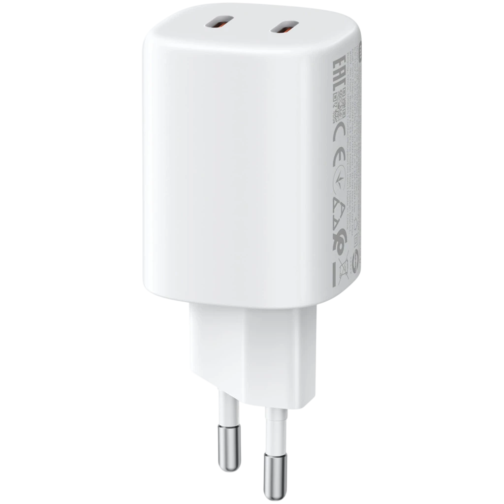 Cargador compacto blanco Xiaomi 45W Nano Turbo Charging con 2 puertos USB-C y clavija europea; acabado liso, diseño minimalista y portátil - Ítem