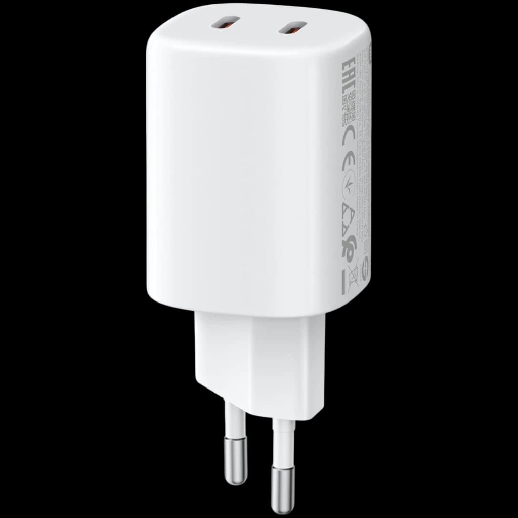 Xiaomi 45W Nano Turbo Charging 2 portas Adaptador de corrente branco com duas saídas USB-C e pinos europeus, design compacto e acabamento liso
