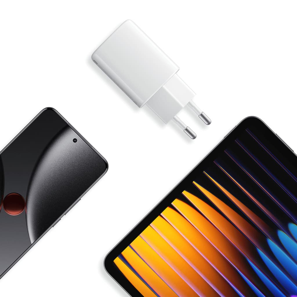 Xiaomi 45W Nano Turbo Charging 2 portas Adaptador de corrente branco, compacto, plugue europeu, duas saídas para carregamento rápido de smartphone e tablet