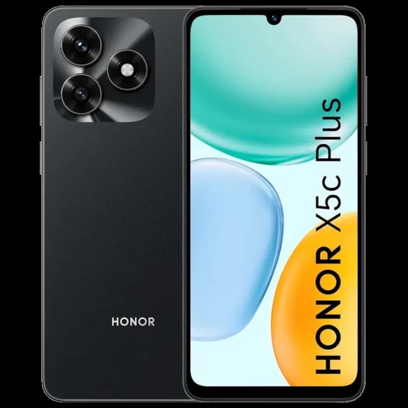 Honor X5c Plus noir avec grand écran 6,78 pouces bord fin, encoche en goutte, dos mat et module photo triple proéminent, logo HONOR vertical