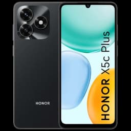 Honor X5c Plus noir avec grand écran 6,78 pouces bord fin, encoche en goutte, dos mat et module photo triple proéminent, logo HONOR vertical