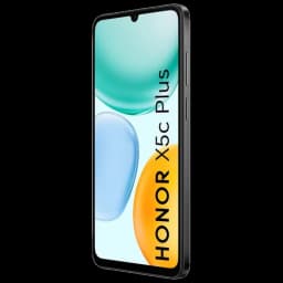 Smartphone Honor X5c Plus noir avec grand écran 6,78 pouces bord à bord, cadre fin, bouton latéral et design épuré; texte HONOR X5c Plus vertical sur l