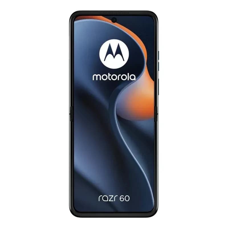 Motorola Razr 60 5G bleu Gibraltar Sea avec grand écran 6,9 pouces OLED bord à bord, caméra frontale centrée et design fin moderne, logo Motorola visible