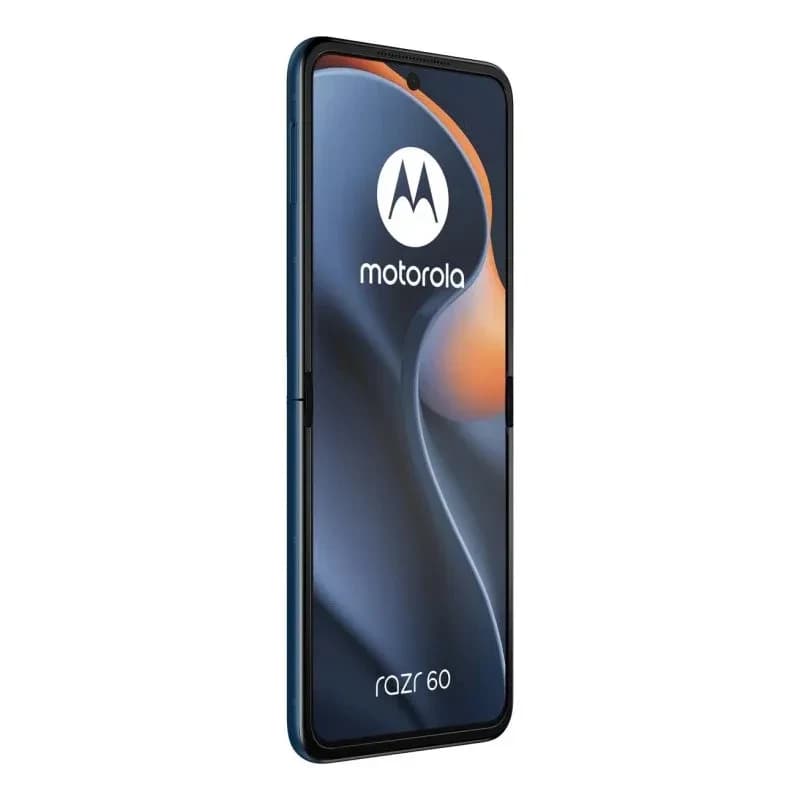 Motorola Razr 60 5G bleu Gibraltar Sea avec grand écran 6,9 pouces bord à bord, design fin pliable, inscription razr 60 visible et logo Motorola en façade