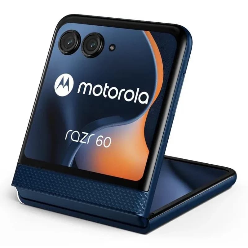 Motorola Razr 60 5G bleu Gibraltar Sea, design pliable, double appareil photo arrière, écran externe compact, finitions premium élégantes