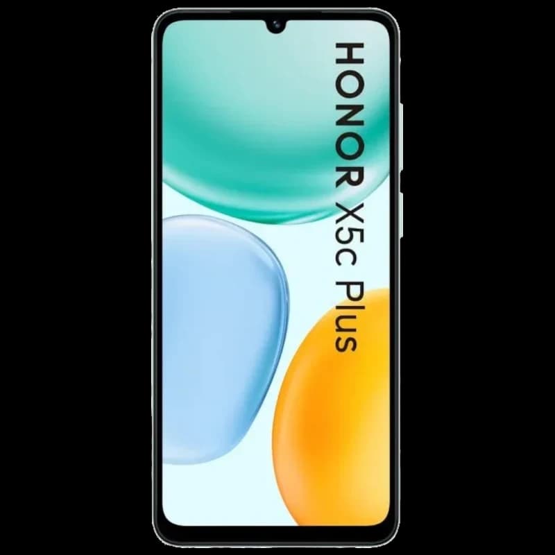 Honor X5c Plus cyan avec grand écran 6,78 pouces à bordures fines, encoche goutte d eau et façade noire élégante, affichage lumineux et net