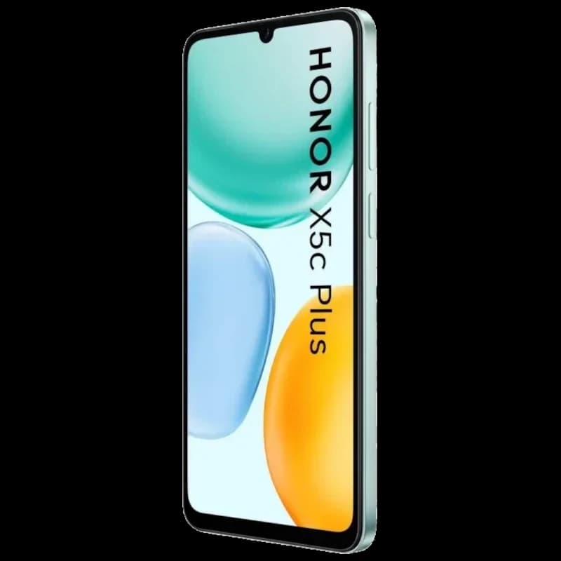 Smartphone Honor X5c Plus cyan avec grand écran 6,78 pouces à bordures fines, encoche goutte d eau, tranche latérale verte et design élégant moderne
