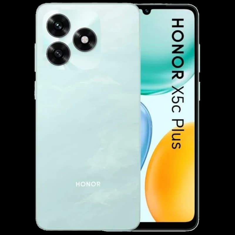 Honor X5c Plus cyan avec grand écran bord fin, encoche goutte, triple module photo arrière circulaire proéminent, design lisse et moderne