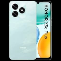 Honor X5c Plus cyan avec grand écran bord fin, encoche goutte, triple module photo arrière circulaire proéminent, design lisse et moderne