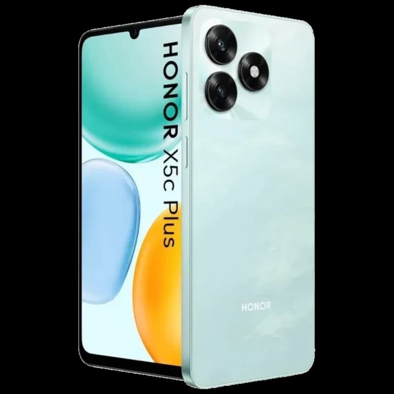 Honor X5c Plus cyan avec grand écran bord fin et encoche goutte, dos brillant et module photo triple proéminent, design épuré et moderne