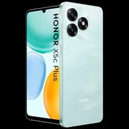 Honor X5c Plus cyan avec grand écran bord fin et encoche goutte, dos brillant et module photo triple proéminent, design épuré et moderne