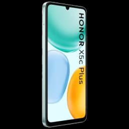 Honor X5c Plus cyan avec grand écran bord fin, encoche goutte, tranche verte, design fin et moderne, logo HONOR X5c Plus visible en façade
