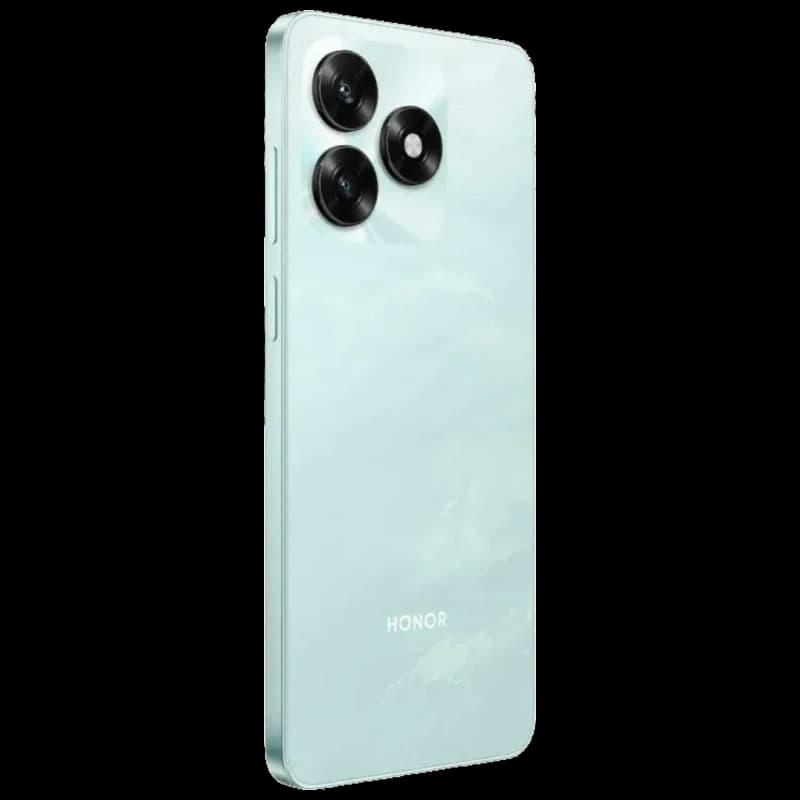 Smartphone cyan élégant avec dos brillant, triple module photo pro en grand cercle, bords plats métallisés, logo Honor discret en bas