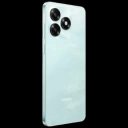 Smartphone cyan élégant avec dos brillant, triple module photo pro en grand cercle, bords plats métallisés, logo Honor discret en bas