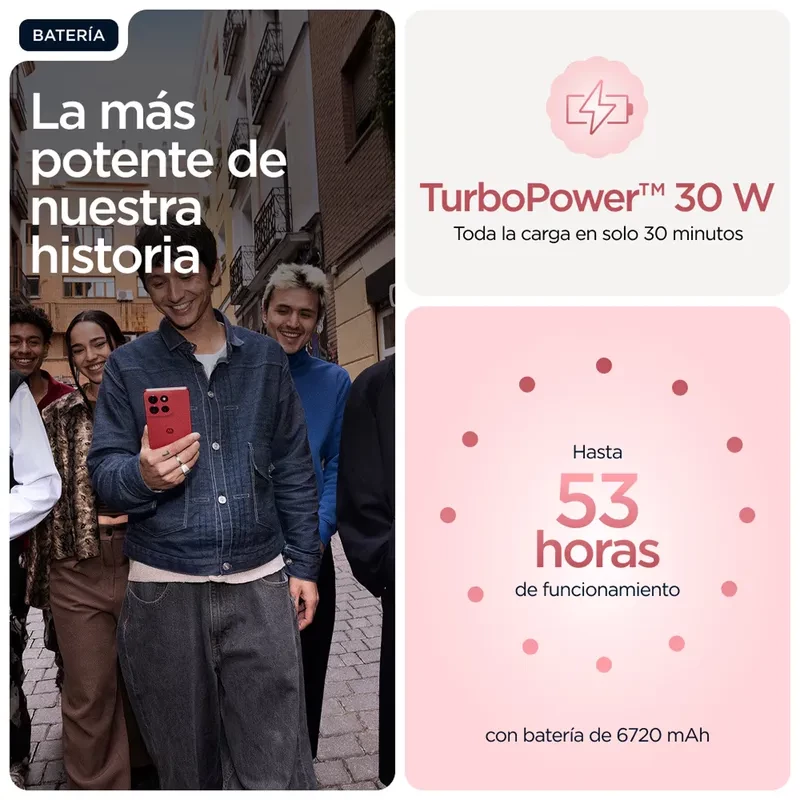 Motorola Moto G86 Power 5G rojo con pantalla pOLED, triple cámara trasera, frontal perforada y texto 24GB RAM Boost en la pantalla, logo M centrado atrás - Ítem9