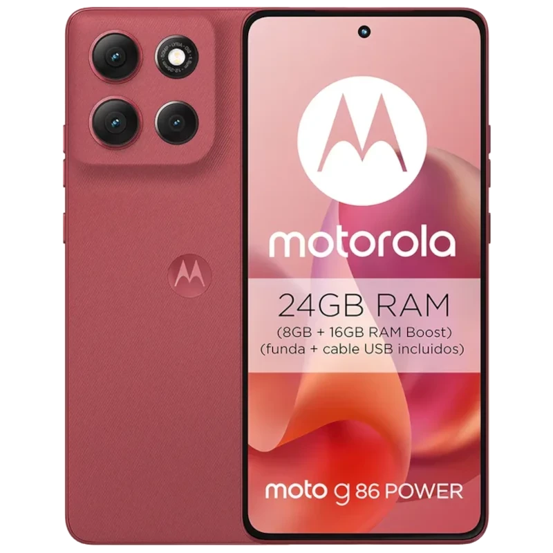 Motorola Moto G86 Power 5G rojo con pantalla pOLED, triple cámara trasera, frontal perforada y texto 24GB RAM Boost en la pantalla, logo M centrado atrás - Ítem
