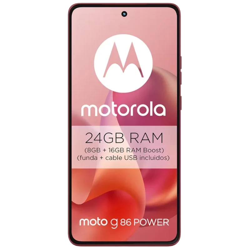 Motorola Moto G86 Power 5G rojo con pantalla pOLED, triple cámara trasera, frontal perforada y texto 24GB RAM Boost en la pantalla, logo M centrado atrás - Ítem1