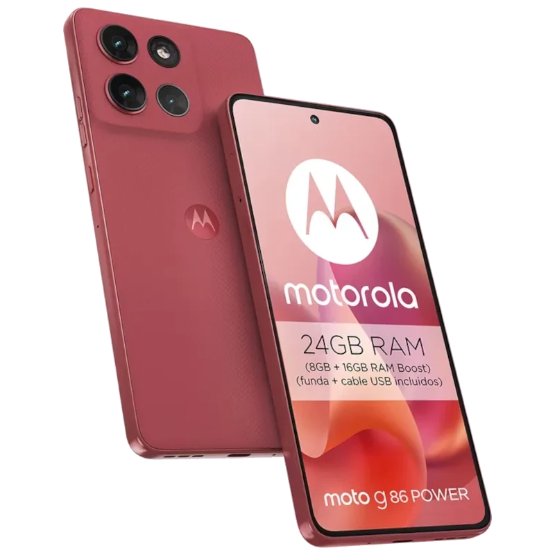 Motorola Moto G86 Power 5G rojo con pantalla pOLED, triple cámara trasera, frontal perforada y texto 24GB RAM Boost en la pantalla, logo M centrado atrás - Ítem3