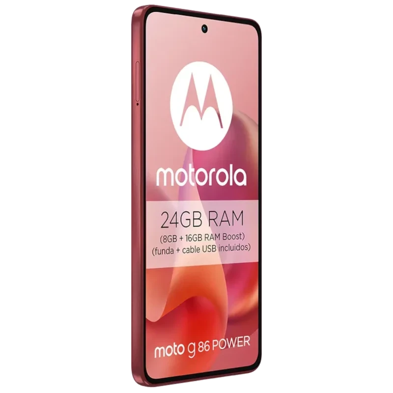 Motorola Moto G86 Power 5G rojo con pantalla pOLED, triple cámara trasera, frontal perforada y texto 24GB RAM Boost en la pantalla, logo M centrado atrás - Ítem4