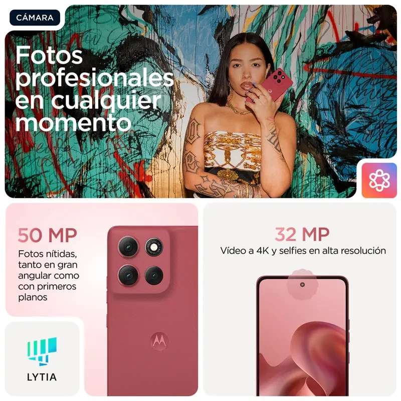 Motorola Moto G86 Power 5G rojo con pantalla pOLED, triple cámara trasera, frontal perforada y texto 24GB RAM Boost en la pantalla, logo M centrado atrás - Ítem5