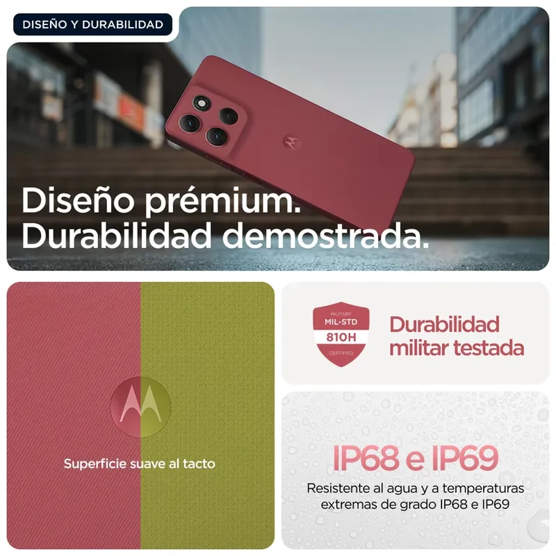 Motorola Moto G86 Power 5G rojo con pantalla pOLED, triple cámara trasera, frontal perforada y texto 24GB RAM Boost en la pantalla, logo M centrado atrás - Ítem6