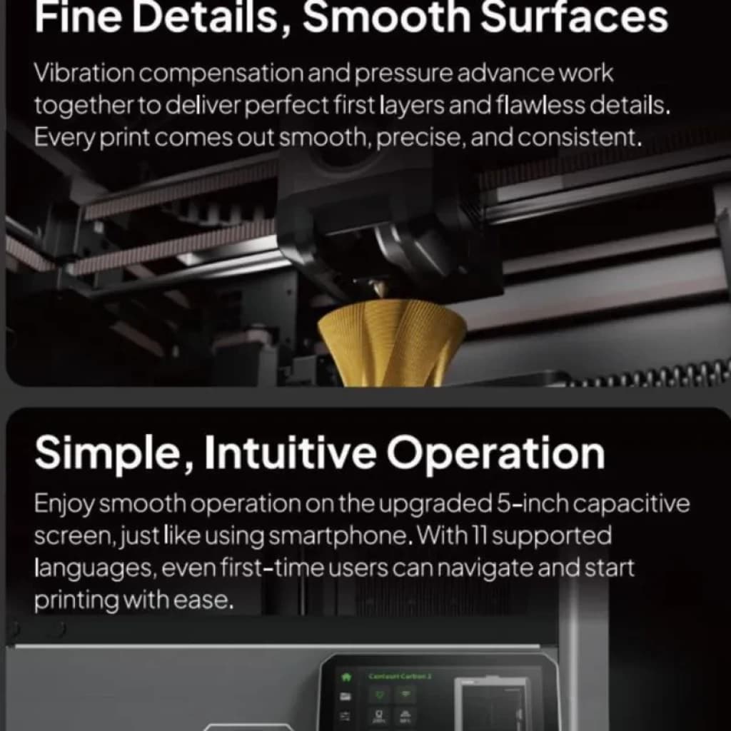 Impresora 3D Elegoo Centauri Carbon 2 FDM CoreXY 500mm/s con extrusor preciso, boquilla dorada, acabados finos y pantalla táctil de 5 pulgadas intuitive