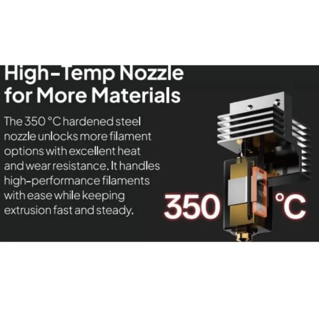 Boquilla de acero endurecido para 350 °C con disipador de calor y ventilación, ideal para filamentos de alto rendimiento y extrusión estable y rápida