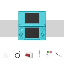 Anbernic RG DS Bleu turquoise Console rétro avec double écran, croix directionnelle, boutons A B X Y, stylet inclus, câble, dragonne et protections