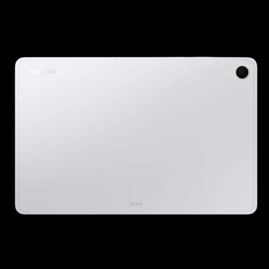 Traseira do Samsung Galaxy Tab S11 Prata com acabamento metálico, câmera única no canto superior, cantos arredondados e conectores magnéticos centrais