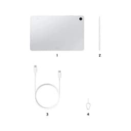 Samsung Galaxy Tab S11 prata com traseira lisa e câmera única; inclui S Pen branca, cabo USB-C e ferramental de ejeção de SIM
